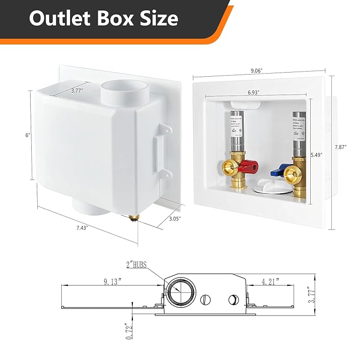 1-Pack HeSun Washing Machine Outlet Box, 1/2 Inch Push-Fit Inlet x 3/4 Inch MHT Outlet, Push to Connect Pex Washer Box with Center Drain,with Stainless Steel Arrestor(WM010)