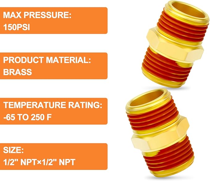 GASHER 5PCS Brass Pipe Fitting, Hex Nipple, 1/2" Male Pipe x 1/2" Male Pipe With Sealant