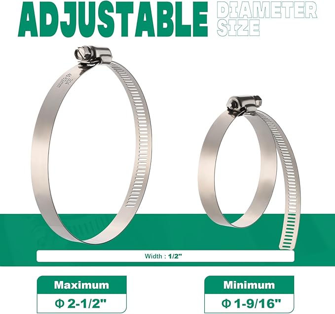 10PCS Hose Clamps Stainless Steel Adjustable 1-9/16"-2-1/2"(40-63mm) Worm Gear Hose Clamp, Heavy Duty Metal Small Hose Clamps for Automotive, Pipe, Radiator Plumbing, Fuel Line