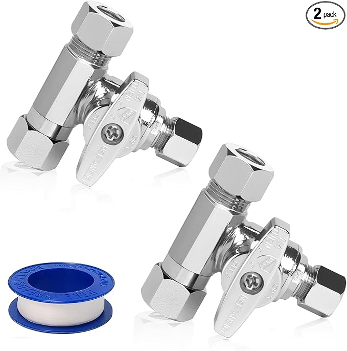 WiseWater 3/8 Inch Tee Stop Valve, Heave Duty Brass Angle Stop Add-A-Tee Valve, 3/8" x 3/8" x 1/4" for Refrigerator, Ice Maker, Coffee Brewers, Water Filters (2 Pack)