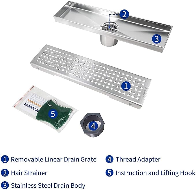 Linear Shower Drain 12", 304 Stainless Steel Floor Drain with Grid Drain Cover & Hair Strainer, Rectangular Shower Drain w/CUPC Certified, Brushed