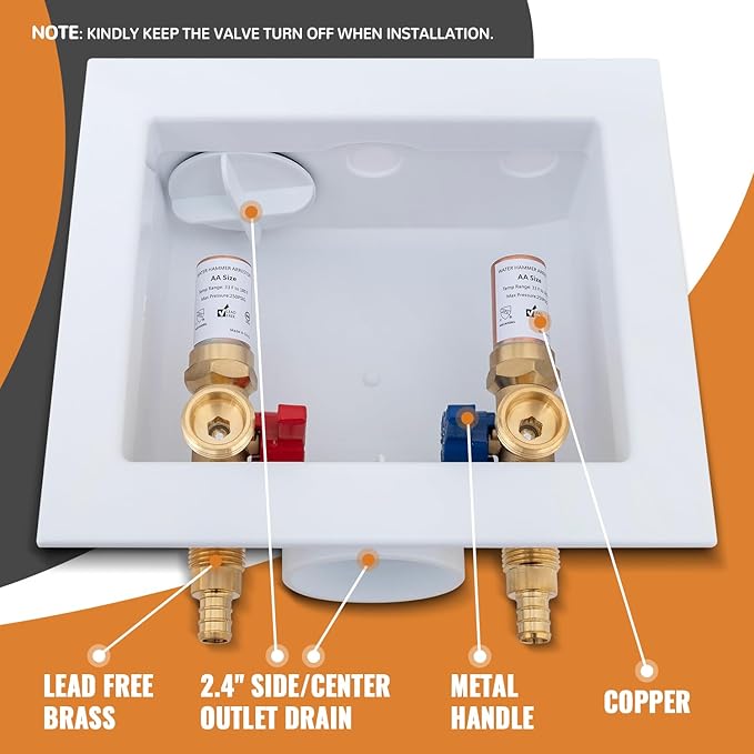 SUNGATOR Washing Machine Outlet Box with Brass Water Hammer Arrestor, Laundry Washer Water Valve Wall Box with Center Drain, 1/2 Inch Pex Crimp Inlet x 3/4 Inch MHT Outlet (4 Crimp Rings)