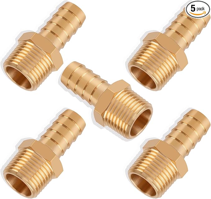 5pcs Brass Hose Barb Fittings 1/2 Inch to 1/2 Inch NPT Male Thread Adapter Connector for Air, Water, Fuel Line - 1/2" Barb 1/2" NPT