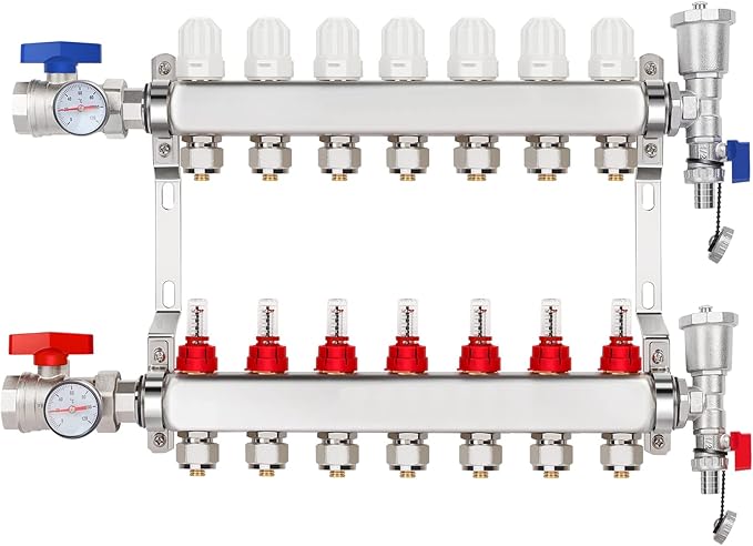 GCCSJ 7 Loops PEX Manifold Radiant Floor Heating Set Stainless Steel Heated Hydronic Heating