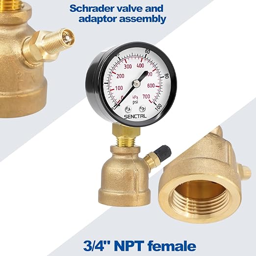 SENCTRL 0-100 Psi Gas Pressure Test Gauge, 2" Dial Size, 3/4" FNPT Connection, Brass Valve, Forged Brass Bell Shape Body Assembly