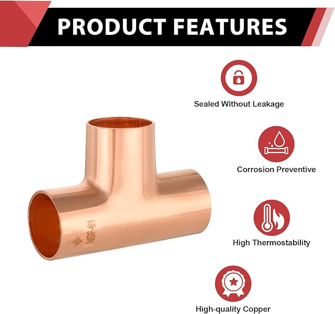 5-Pack EFIELD 5/8" X 5/8" X 5/8" C X C X C Copper Tee, LF Copper Plumbing Fittings with Sweat Solder Connection,(COPPER104)