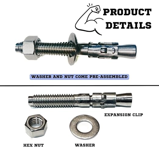 Wedge Anchors – Heavy-Duty 304 Stainless Steel Expansion Bolts for Concrete & Masonry, Rust-Resistant & Durable - 3/8" X 3" - 50 Pack