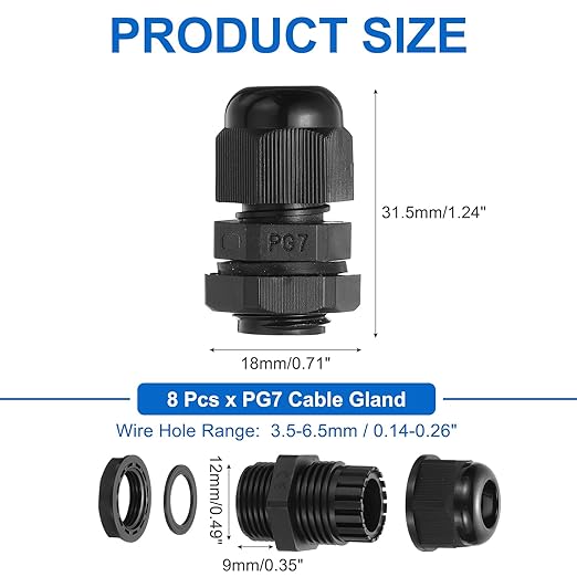 MECCANIXITY 8 Pcs PG7 Cable Gland, 3.5-6.5mm Wire Hole Strain Relief Joint for Cable Fixing, Wiring, Repairing, Gland Replacement, Electrical Appliances, Black