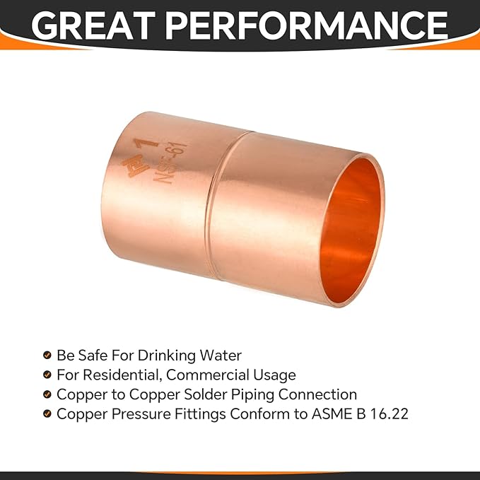 HeSun 30-Pack Copper Fittings, 1-Inch Copper Coupling with Rolled Stop, C x C with Sweat Solder Connection