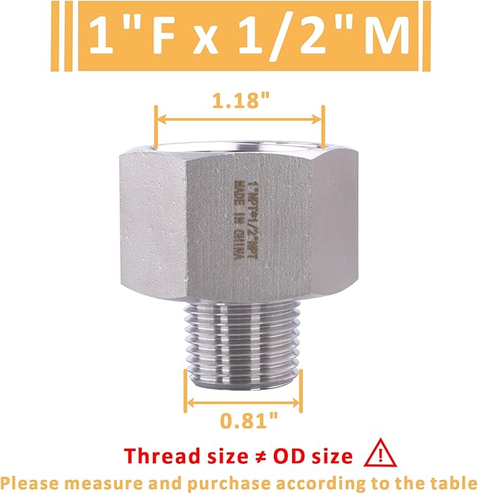 Forged Reducer Adapter Fitting - Stainless Steel 304 Reducing Pipe Connector, 1" NPT Female x 1/2" NPT Male (pack of 5)