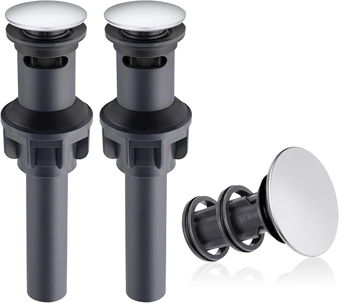 Hibbent 2 Pack Universal Bathroom Sink Drain Stopper, Pop Up Drain Strainer with Overflow, Push and Seal Sink Plug with Basket for Lavatory Vanity Vessel, Anti-Clogging Strainer, Chrome
