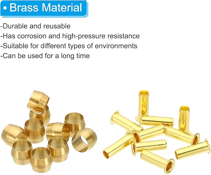 PATIKIL Brass 40 Pack Compression Sleeves Ferrules for 1/4 Inch OD Hose Tube, Brass Compression Insert Fitting Assortment Kit for Air Water Gas Pipe