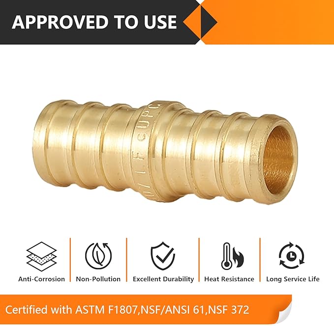 10-Pack HeSun PEX Fittings, 1/2"x1/2" Pex Straight Coupling, Brass Crimp Fitting for Pex Pipes, ASTM F1807(PEX1807002)