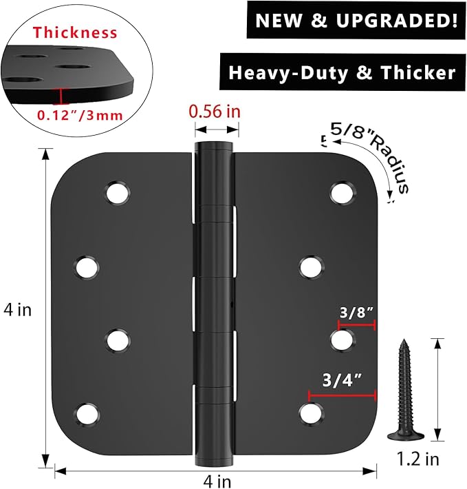 Bartuda 3 Pack Ball Bearing Door Hinges, 4 x 4 Inches Black Exterior Door Hinges, Heavy Duty Stainless Steel Hinges, 5/8'' Radius Corner, Smooth and Quiet, Non Removable Pin, Upgraded Thickness