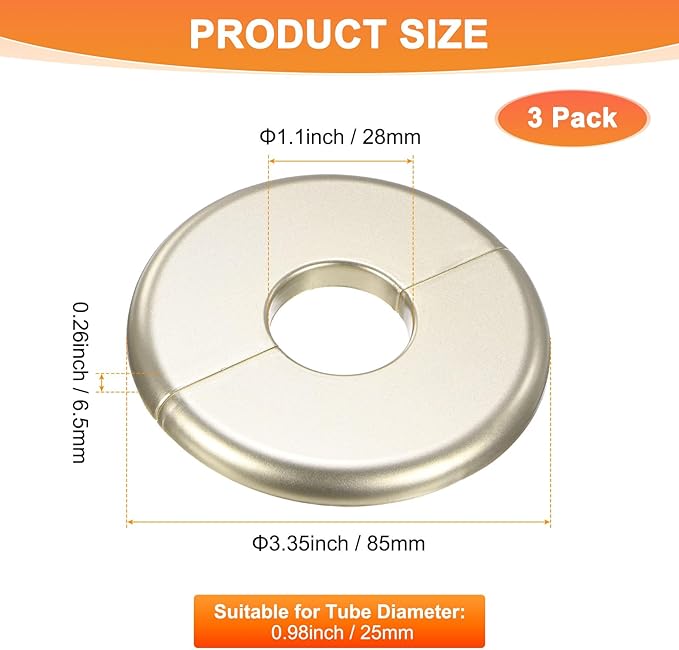 3-Pack Wall Split Flange, ABS Round Self-Adhesive Escutcheon Plate Cover Buckle for 25mm/0.98 in Dia Pipe Accessories/Floor/Ceiling, Plumbing Cover Plates [Gold,6.5mm/0.26in H]