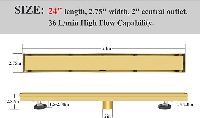 24 Inch Linear Shower Drain Gold Floor Drain with Removable SUS304 Stainless Steel CUPC Certificate and 2-in-1 Tile Insert Grate Cover