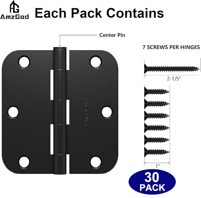 Black Door Hinges - 30 Pack Matte Black Door Hinges 3.5 Inch with 5/8" Radius Corners - Black Hinges for Interior and Exterior Doors - Heavy Duty 3 1/2" Residential Door Hardware
