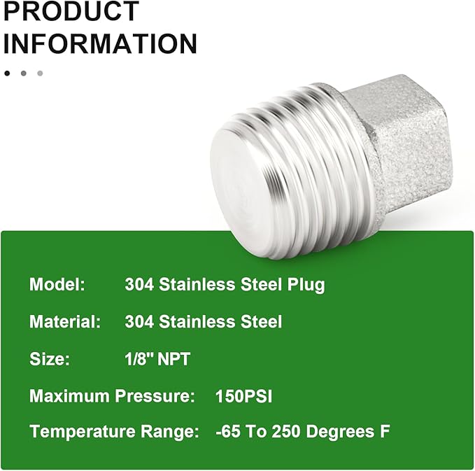 TAISHER 10PCS 304 Stainless Steel Outer Square Thread Socket Pipe Plug Fitting 1/8" NPT Male