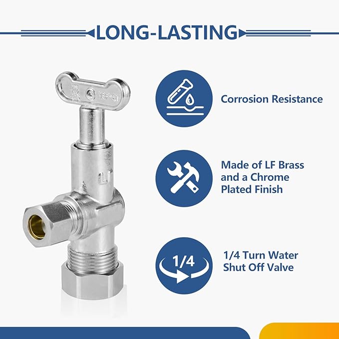 30-Pack GUOFIS Angle Stop Valve with 1/4 Turn Loose Control Key,1/2" Nominal (5/8" OD) Compression x 3/8" OD,Chrome Plated Brass Shut-off Valves for Potable Water(VALVE142-30Pack)