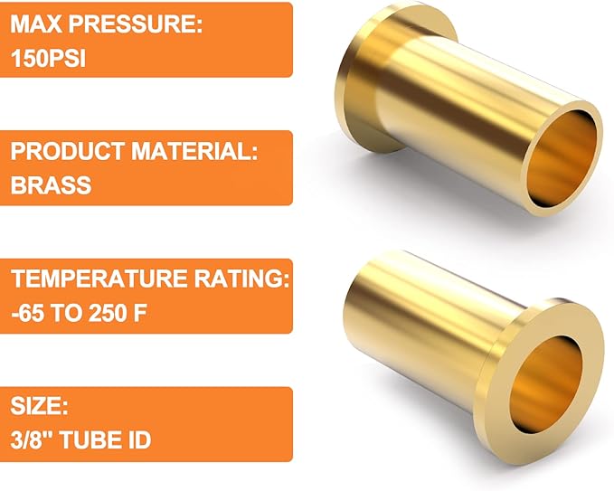 GASHER 100PCS Brass Compression Fitting, Brass Compression Insert Tube Support 3/8" Tube OD