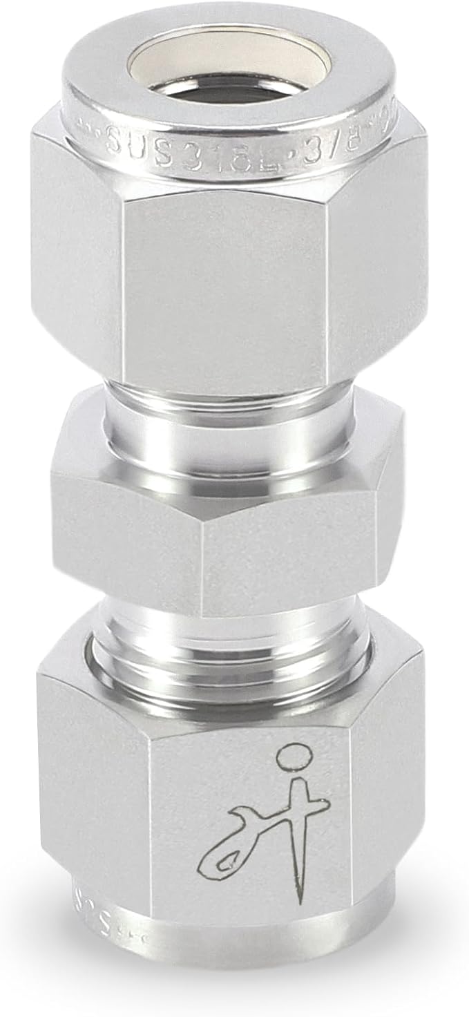 316 Stainless Steel Compression Tube Fitting 3/8" OD x 3/8" OD Straight Union Adapter Connector with Double Ferrules for Oil, Chemical, and Natural Gas Connections