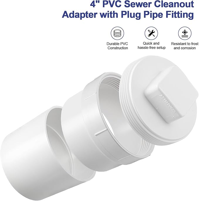 4" Sewer Cleanout Adapter with Plug Pipe Fitting, PVC DWV Flush Sewer Cleanout Cap, PVC S&D Coupling, 4-Inch, Hub X Hub Connection, for use with 4-Inch Sewer and Drain Pipe