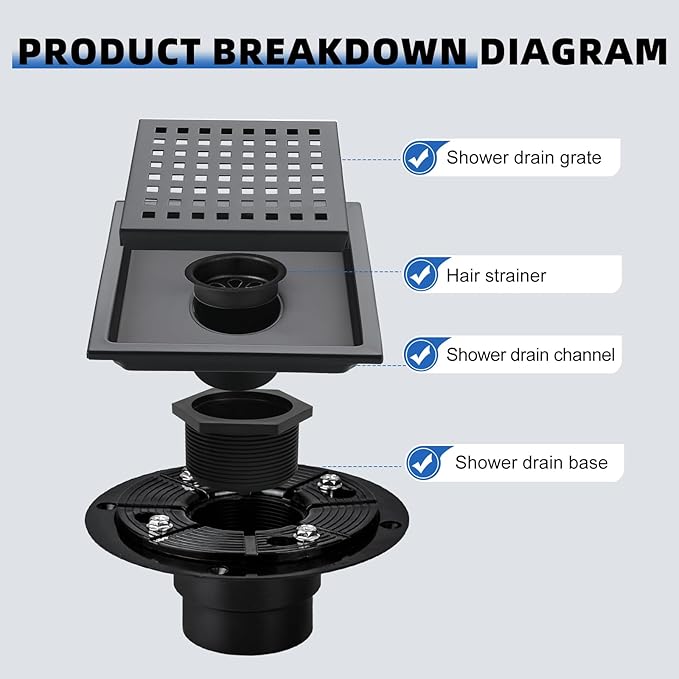 morefine Square Shower Drain with Flange, Shower Drain 6 inch with Removable Grate Cover, SUS 304 Stainless Steel, Matte Black