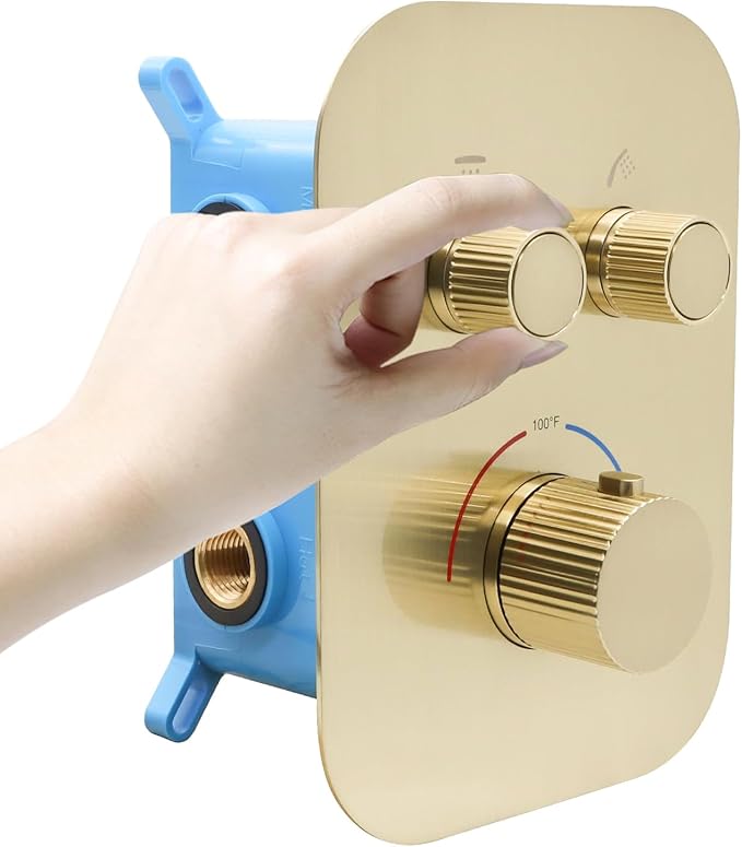 Brushed Gold 2-Way Thermostatic Shower Diverter Valve Kit - Solid Brass, Adjustable Flow, Temperature Control Mixer Valve - Perfect for Bathroom Renovation