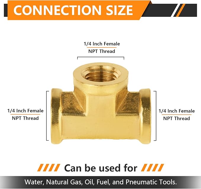 5-PCs HeSun Brass Pipe Fitting, 1/4" x 1/4" x 1/4" NPT Female Thread Tee