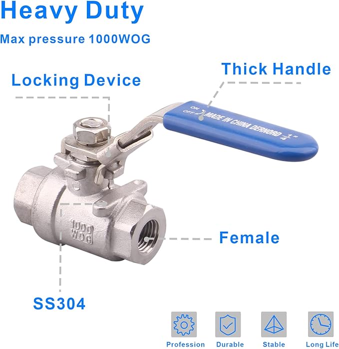 DERNORD Stainless Steel 304 Ball Valve, Full Port Heavy Duty for WOG with Locking Device (1/4" NPT)