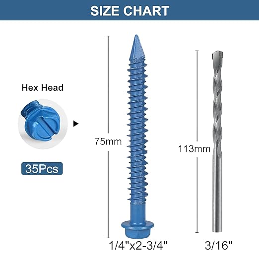 1/4x2-3/4 Inch 35PCS Hex Head Concrete Screws, Screws Anchor with Drill Bit,for Masonry, Block, Brick, Cement, Stucco, No Pre Drilling, Diamond Point