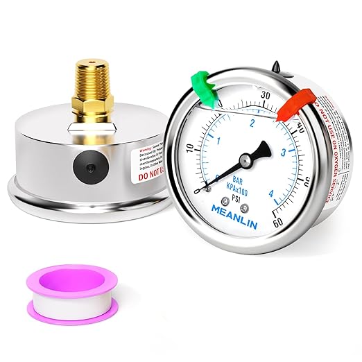 MEANLIN MEASURE 0~60Psi Liquid Filled Pressure Gauge 1/4" NPT 2.5" FACE DIAL Stainless Steel Glycerin Filled WOG Water Oil Air Back Mount (with 2PCS Snaps)