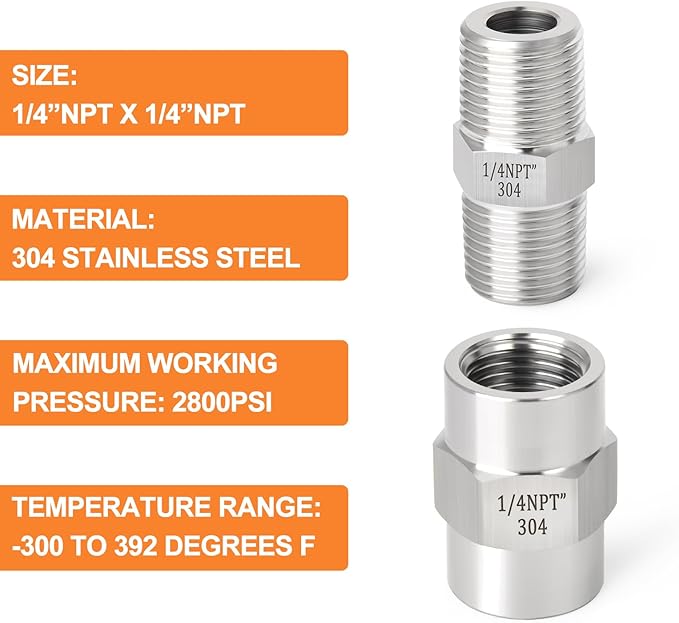 GASHER 4PCS 304 Stainless Steel Pipe Fitting, Hex Nipple Hex Coupling, 1/4" x 1/4" NPT Male Thread Pipe, 1/4Inch x 1/4Inch NPT Female Thread Pipe