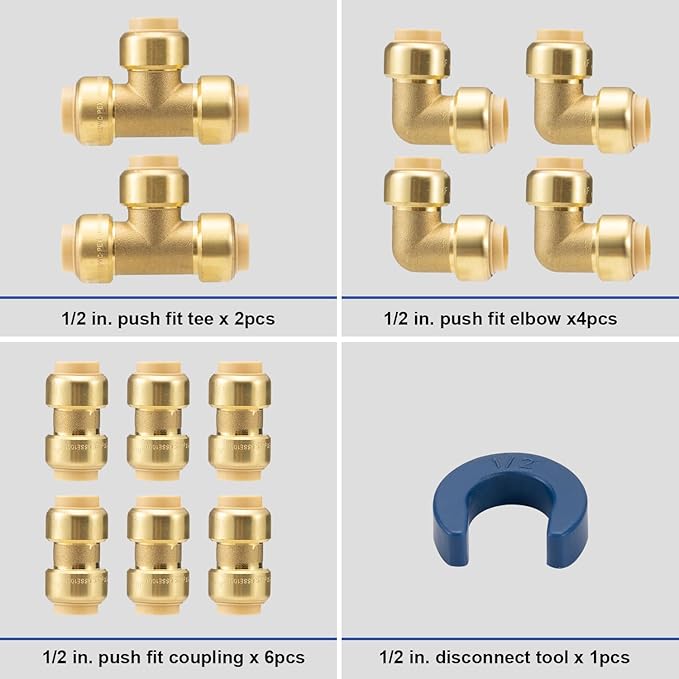 PEX Pipe Fitting 1/2 inch Set, Brass Push Fit Fitting 1/2 inch Set with 90 degree elbow, tee & coupling, push to connect for quick connection to PEX Tube Pack of 12