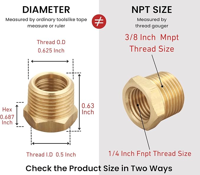 3/8 Inch Male x 1/4 Inch Female Reducing Adapter, NPT Brass Hex Bushing, Hex Head Pipe Fitting, Thread 0.625" OD × 0.5" ID, (Pack of 5)