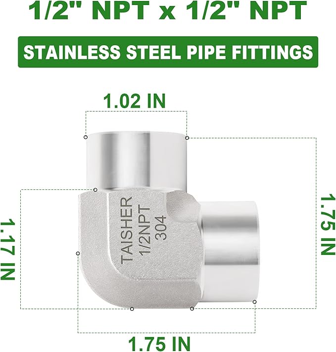 TAISHER 2PCS 304 Stainless Steel 90 Degree Barstock Street Elbow, 1/2 Inch NPT Female Pipe to 1/2 Inch NPT Female 304 Stainless Pipe Fitting