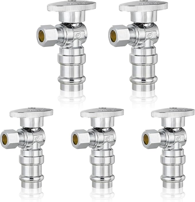 5-Pack GUOFIS Angle Stop Valve,1/2" Nominal Press Inlet x 3/8" OD Compression Outlet,1/4-Turn Shut-off Valve for Potable Water(Chrome Plated)(VALVE393-5Pack)