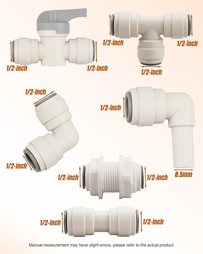 1/2" Tube OD Tube Fittings Kit Fit for RO Water Filter System, Quick Connect Push (Valve + Tee + Elbow + Straight + Bulkhead + Elbow stem), 12 Pack