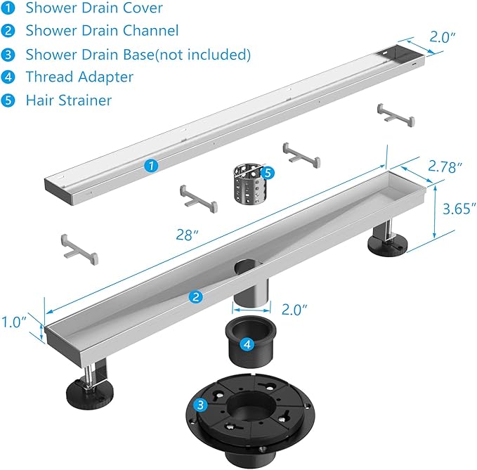 ZEKOO 2 in 1 Tile Insert Rectangular Shower Floor Drain, 28 Inch, 304 Stainless Steel Linear Shower Drain with Tile Insert Grate, Brushed Nickel