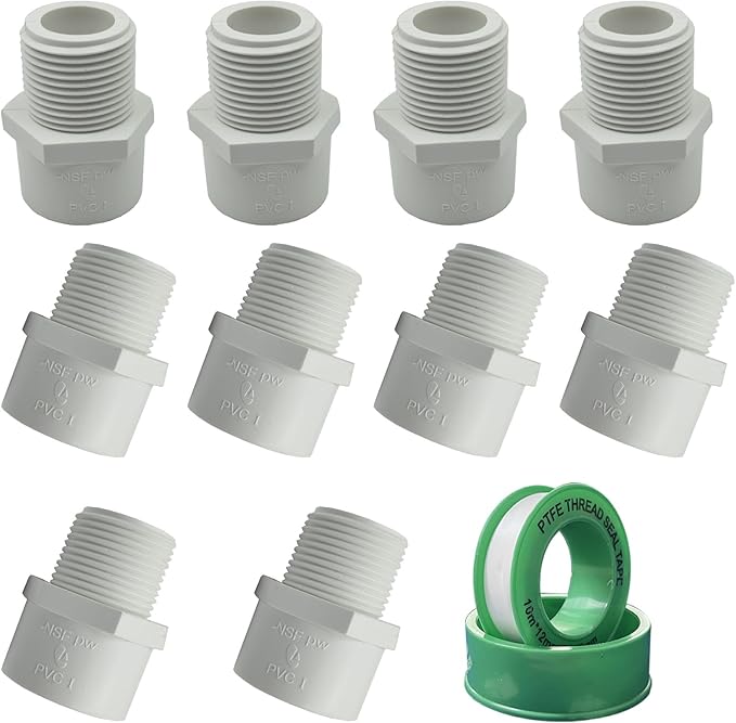 10Pcs 1 inch NPT Male Thread PVC Pipe Fitting Adapter Connector(Socket x NPT Male), Pipe Connectors, 1 inch Pipe Fitting, PVC Pipe Coupling for Plumbing Water Line, Schedule 40, White