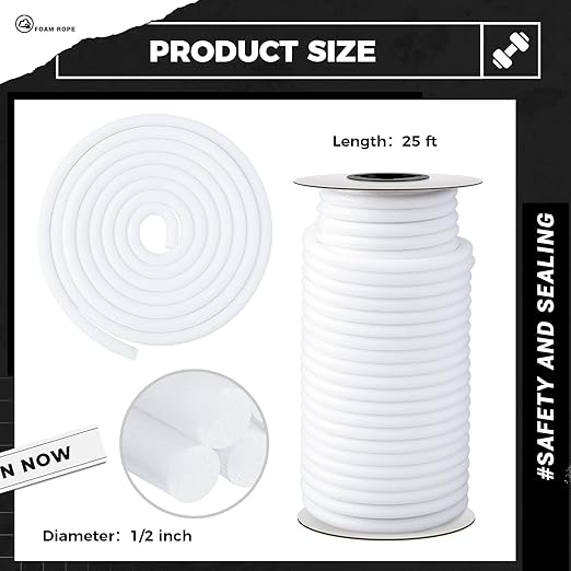 1/2 Inch x 25 ft Foam Backer Rod for Gaps Joints Concrete Crack Filler Caulk Saver Bulk Foam Backing Rod Concrete Filler Rope for Weather Stripping Door Seal (White)