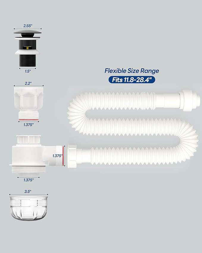 BOTEMY 1 1/2" Bathroom Sink Drain Kit with Flexible Drain P-Trap - No Tool Installation, Anti-Odor White Sink Drain Pipe Kit for Bathroom, Black Pop Up Stopper &Strainer Hair Catcher(with Overflow)
