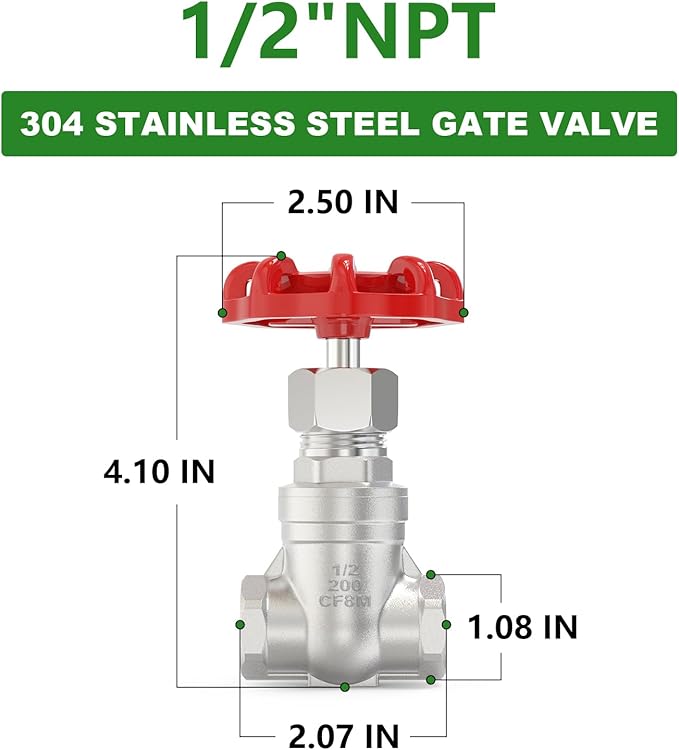 TAISHER 1PCS 304 Stainless Steel Gate Valve, 1/2" NPT Female Rotary Sluice Valve With Wheel Handle, For Water, Oil, Gas