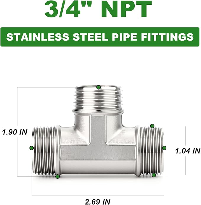TAISHER 5PCS 304 Stainless Steel Tee Pipe Fittings, 3/4" x 3/4" x 3/4" NPT Male Pipe Fittings