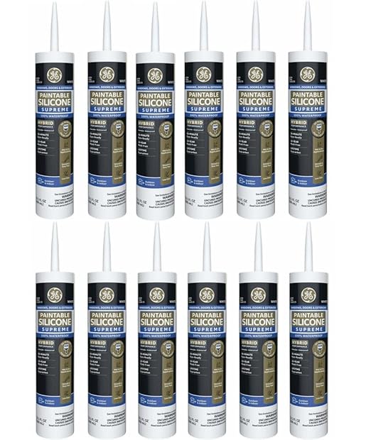 GE Supreme Paintable Silicone Caulk for Window & Door, White, 9.5 fl oz Cartridge, 12 Pack - 100% Waterproof Silicone Sealant, 7X Stronger Adhesion, Freeze & Sun Proof