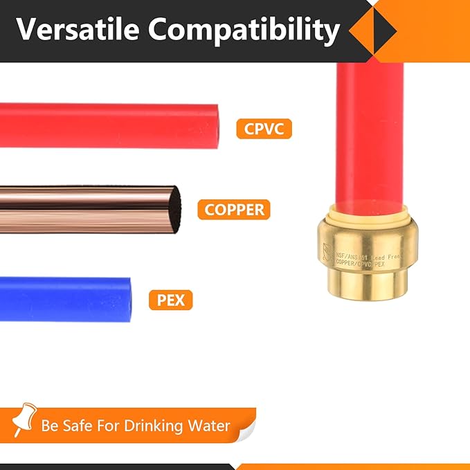 HeSun 50-Pack Pushfit Plug (End Cap), 1-Inch Push to Connect Plumbing Fittings with Disconnect Clip, Brass Push-fit Fittings for PEX, Copper, CPVC, PE-RT Pipes