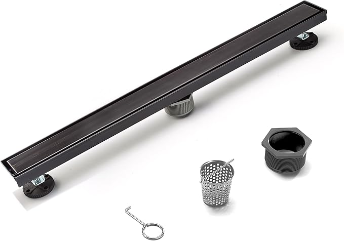 HEATGENE Linear Shower Drain 24-Inch, Stainless Steel Rectangle Shower Floor Drain with 2-in-1 Flat & Tile Insert Cover, Shower Drain with Hair Strainer, Venetian Bronze