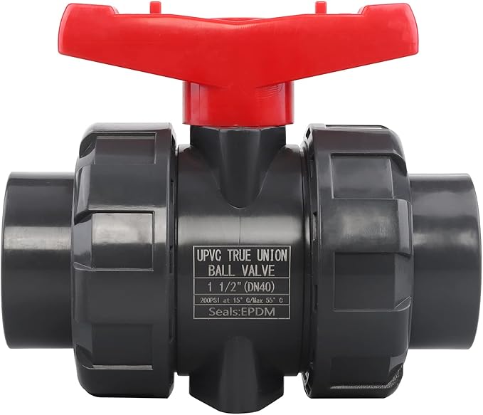 DERNORD PVC True Union Ball Valve NPT Threaded with Full Port, EPDM O-Rings, and Reversible PTFE Seats, Rated at 200 PSI (1.5 Inch NPT Threaded)