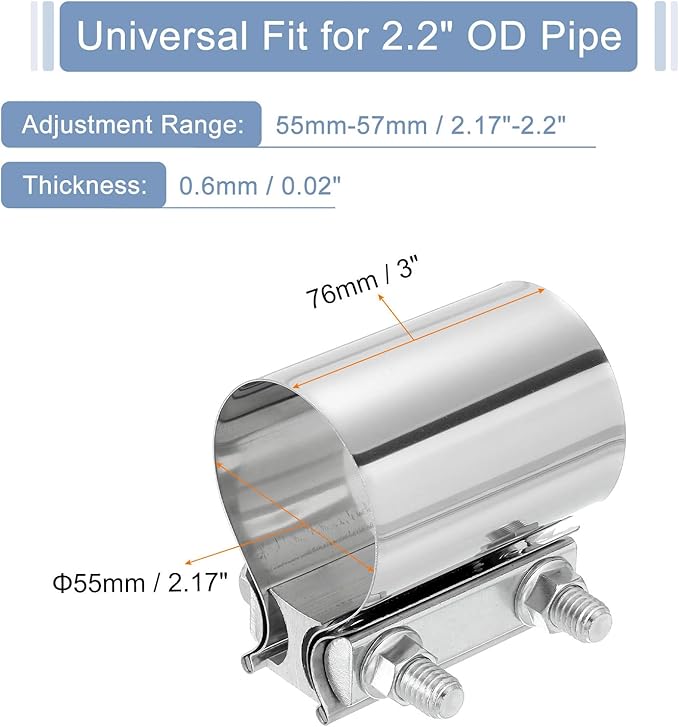 uxcell 2.2 Inch Exhaust Clamp, 304 Stainless Steel Butt Joint Band Clamp Sleeve Coupler Pipe Repair Clamp Universal Widening Clamp for Exhaust Pipes Mufflers, Silver