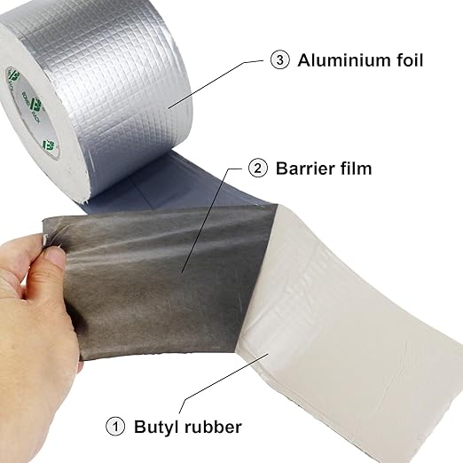 BOMEI PACK Leak Repair Butyl Tape 4”W x 33’L, Aluminum Foil Waterproof Sealing Tape for Roof Flashing, Patching and Gutter, Boat, Duct, RV, Awning